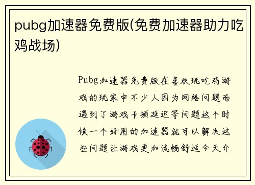 pubg加速器免费版(免费加速器助力吃鸡战场)